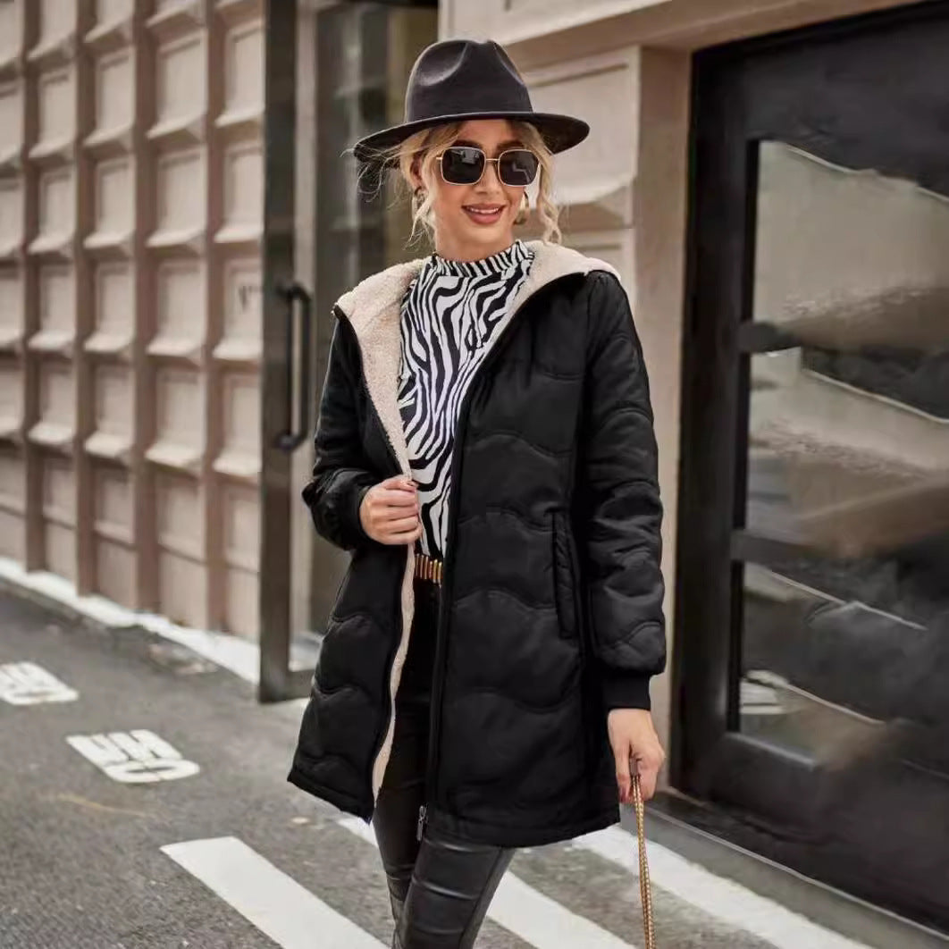 Mid-length Hooded Slim Fit Fleece Lined Coat