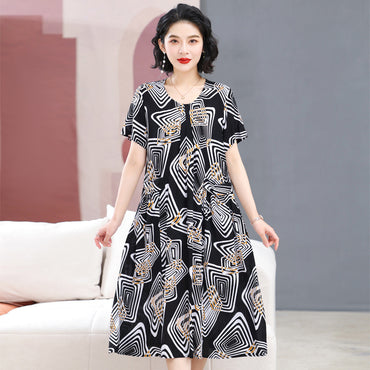 Middle-aged And Elderly Women's Cotton Silk Printing Maxi Dress