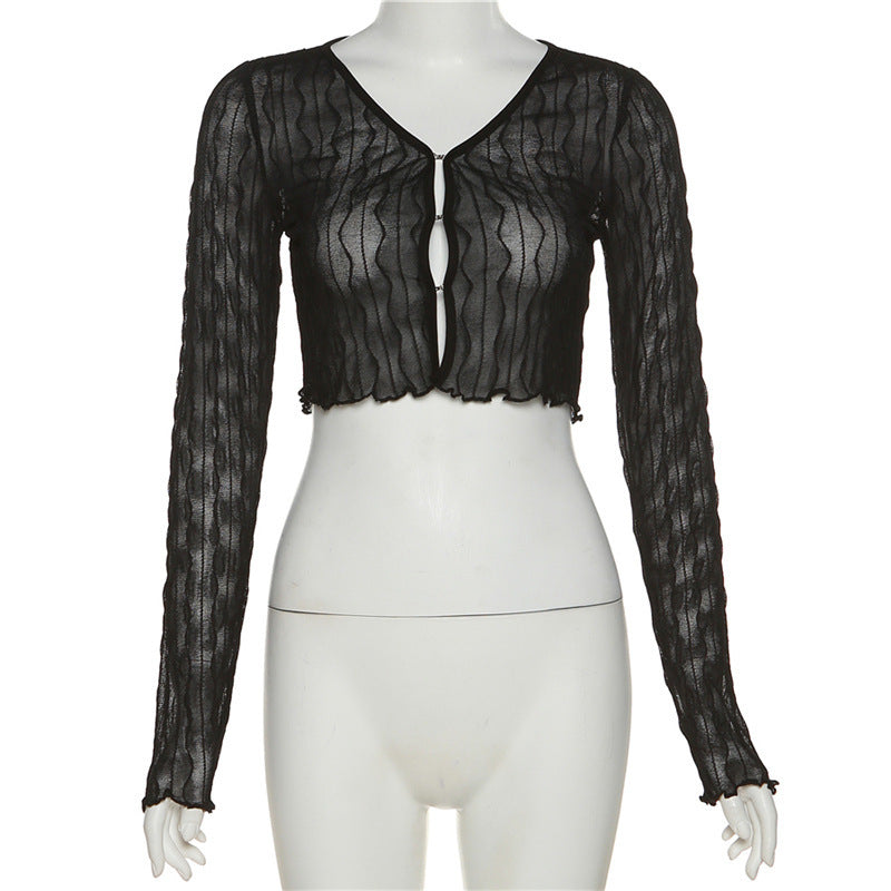 Women's Pure Color Mesh Cardigan Long Sleeve Short T-shirt - Chic Angle