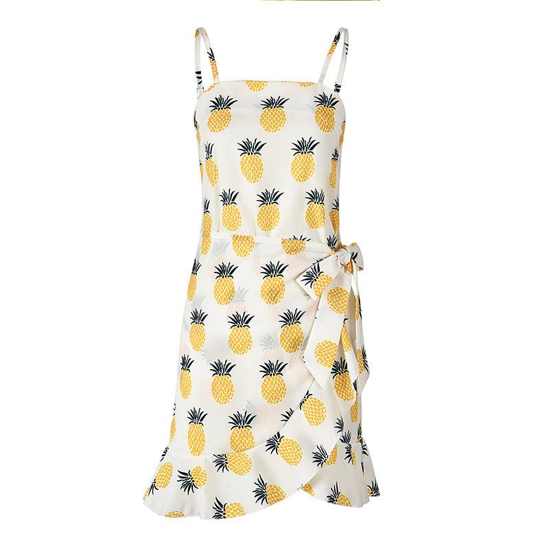 USA SIZE Leaf Print Sling Chiffon Dress Sexy Beach Seaside Vacation Irregular Skirt