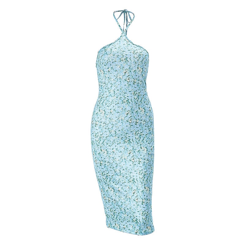 Hanging Neck Back Slim Floral Knee-length