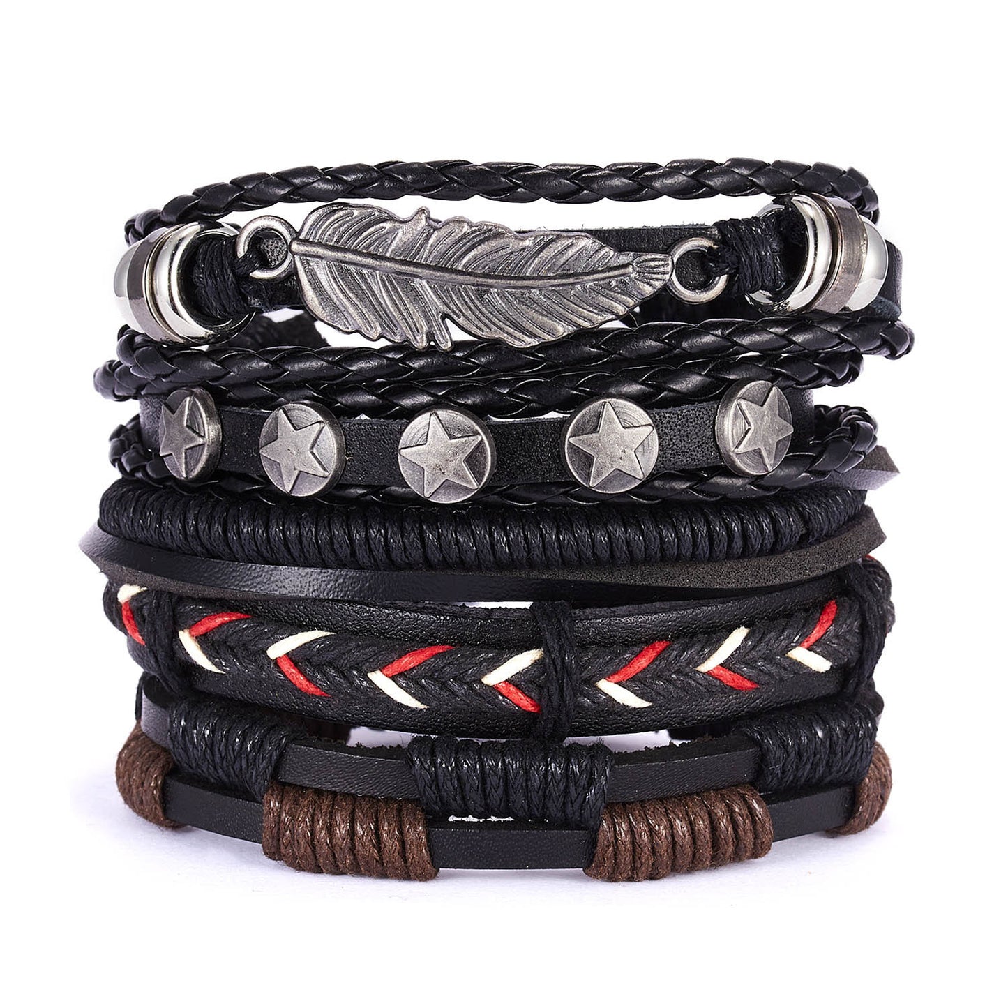 New Men's Leather Suit Creative Leaves Wooden Bead Woven Adjustable Suit Bracelet - Chic Angle