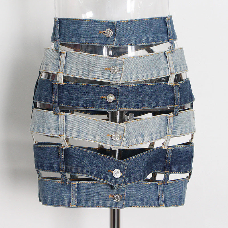 Sexy Hot Girl Color Contrast Patchwork Hollow Out Buckle A- Line Skirt