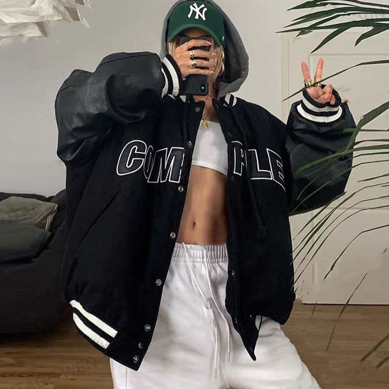 Black Hooded Quilted Baseball Jacket