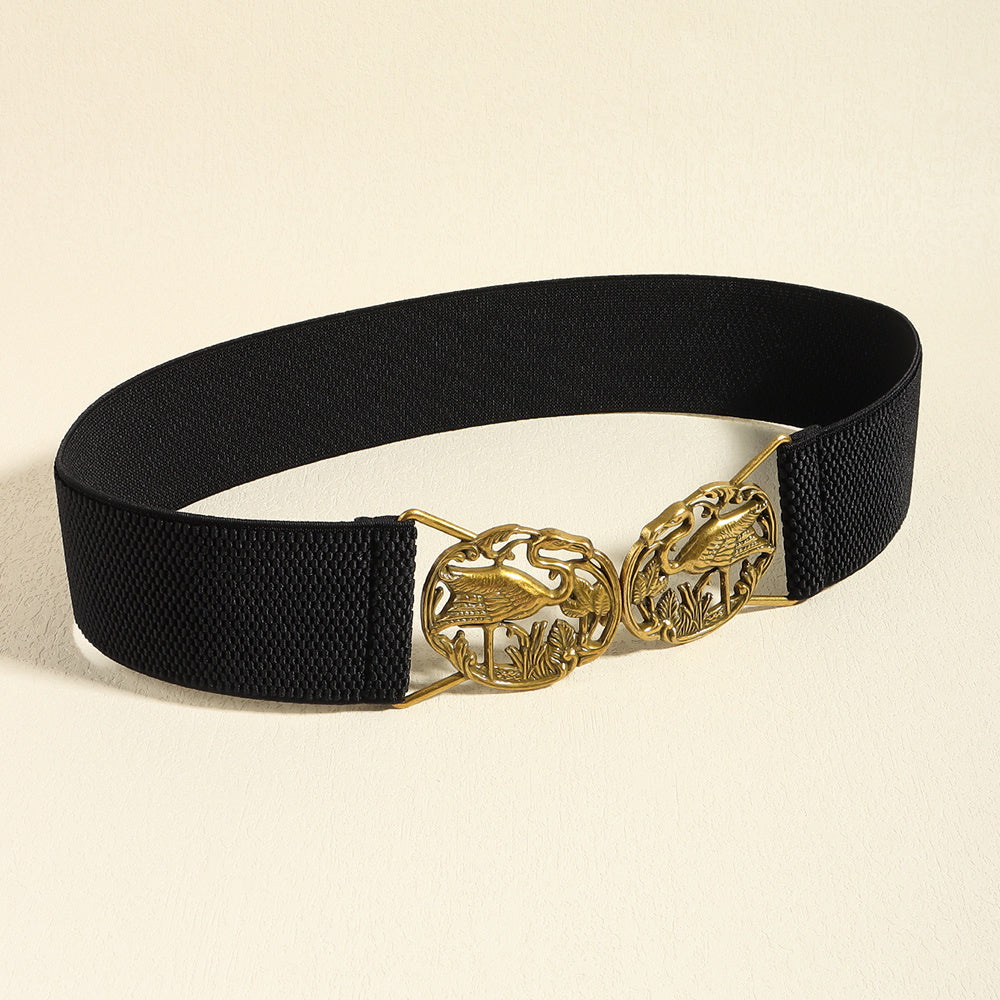 Simple Retro Elastic Belt Metal Hollow Buckle Red-crowned Crane Elastic Waist Elegant Female Fashion Accessories