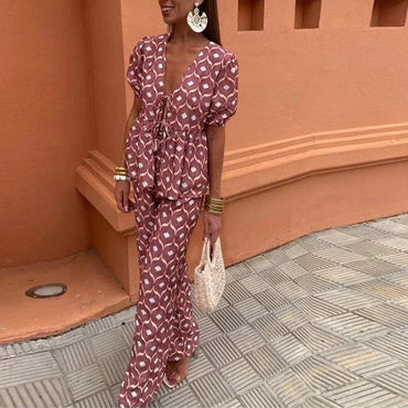Summer Printed Pleated Women's Pants Suit Hollow Out Suit - Chic Angle