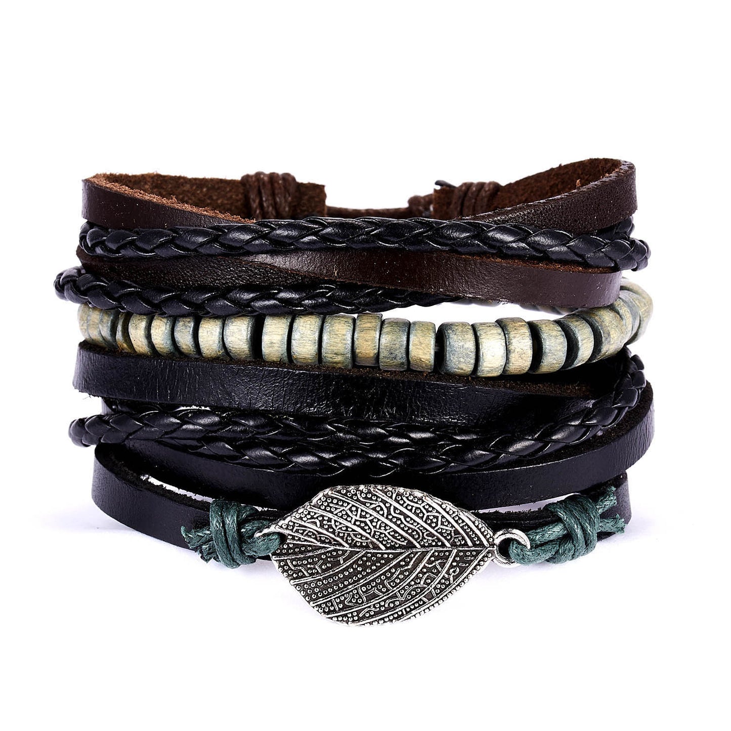 New Men's Leather Suit Creative Leaves Wooden Bead Woven Adjustable Suit Bracelet - Chic Angle
