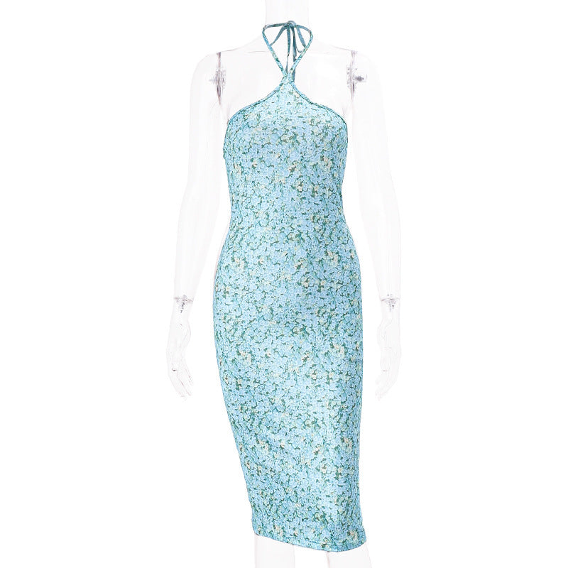 Hanging Neck Back Slim Floral Knee-length