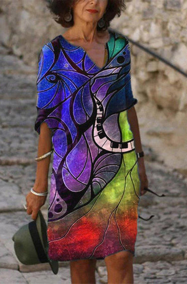Printed V Neck Half Sleeve Multicolor Midi Dress