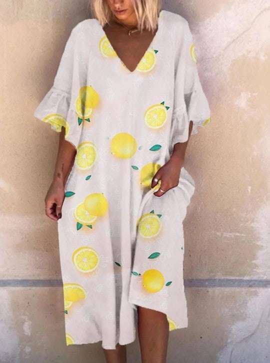 Printed short-sleeved midi dress