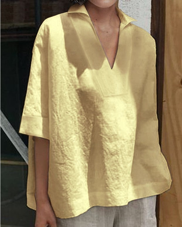V-neck cotton and linen short-sleeved blouse