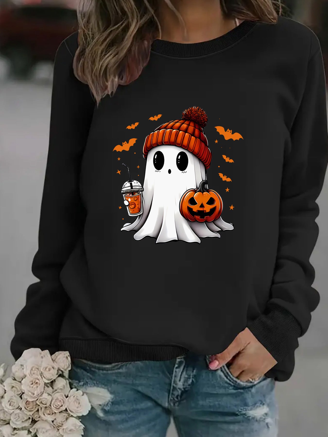 Crewneck Snowman Ghost Print Pullover Sweater