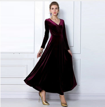 Thickened good quality Spring and autumn winter long-sleeved dress Gold velvet maxi dress V-neck dress