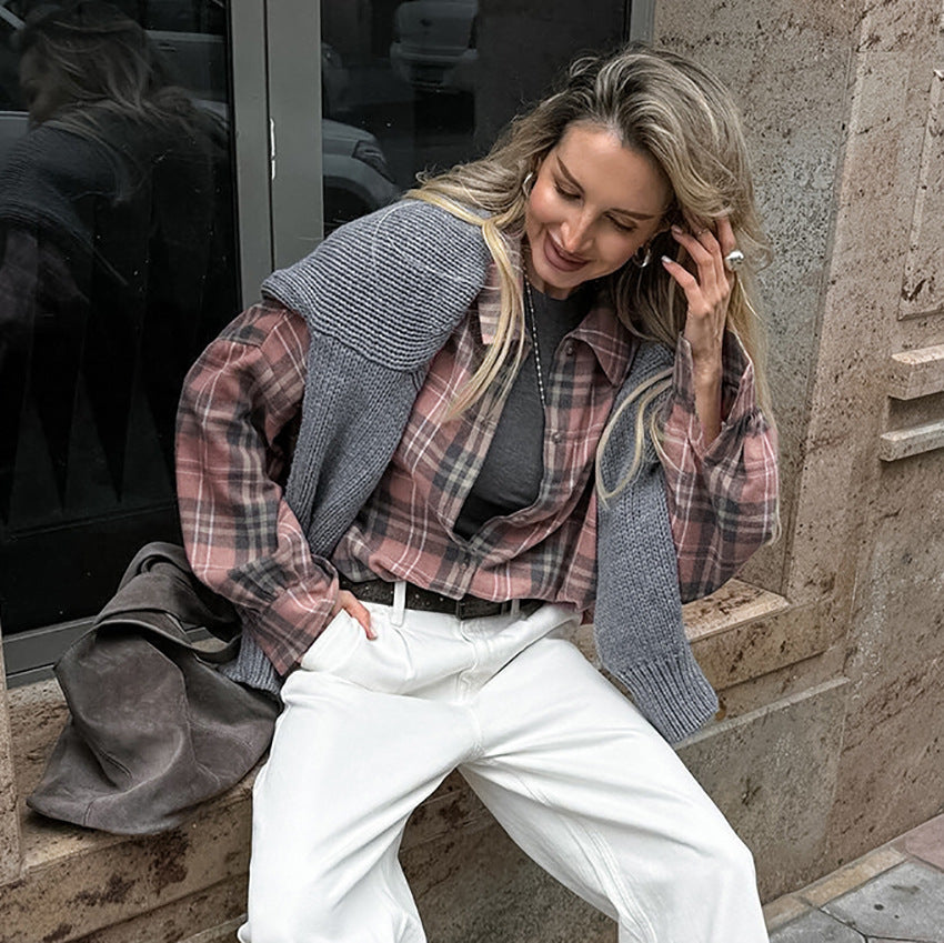 American College Style Plaid Shirt Fashionable Outerwear Cotton