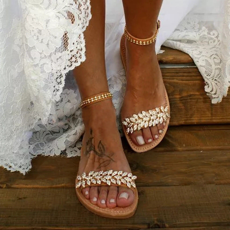 New Women's Word Buckle Strap Fashion Rhinestone Flat Large Size Sandals