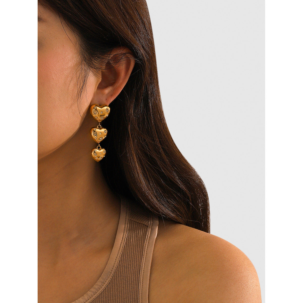 18K Gold Stainless Steel Heart-shaped Pendant Earrings With Diamond