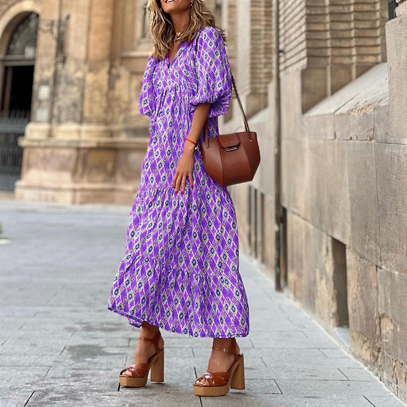 Short-sleeve Mid-length Boho Print Dress