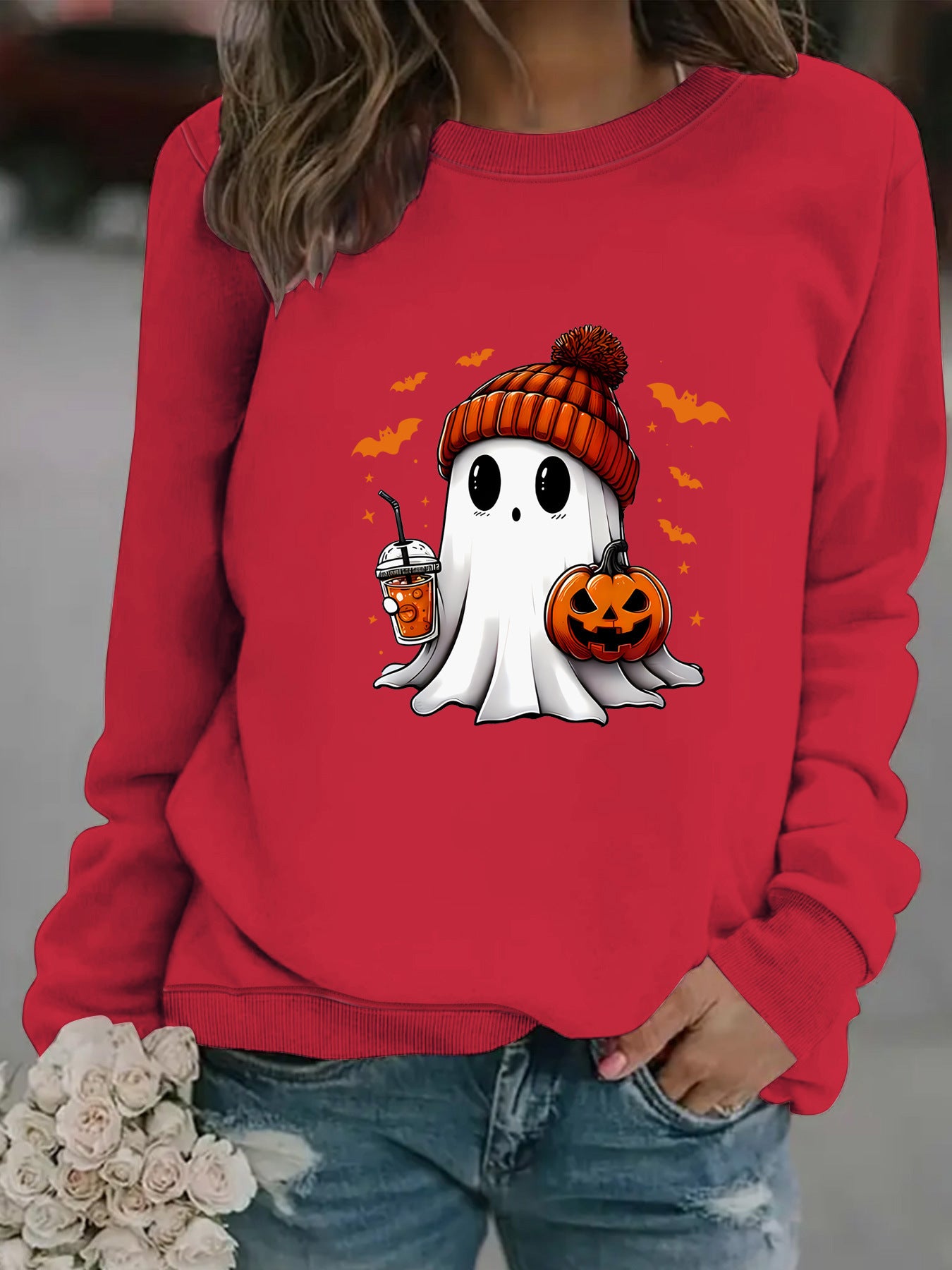 Crewneck Snowman Ghost Print Pullover Sweater