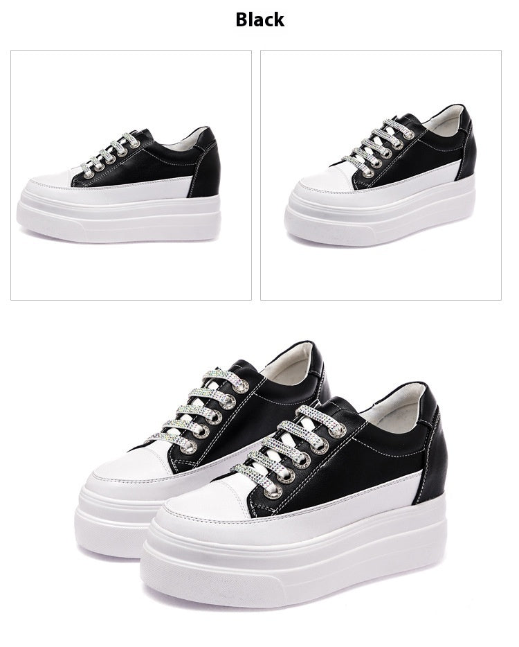 Genuine Leather Platform Versatile Casual Breathable White Muffin Height Increasing Insole Women's Board Shoes - Chic Angle