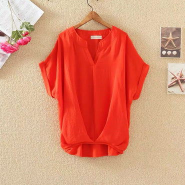 Solid Color And V-neck Batwing Sleeve Top Loose Slimming Cotton And Linen Shirt