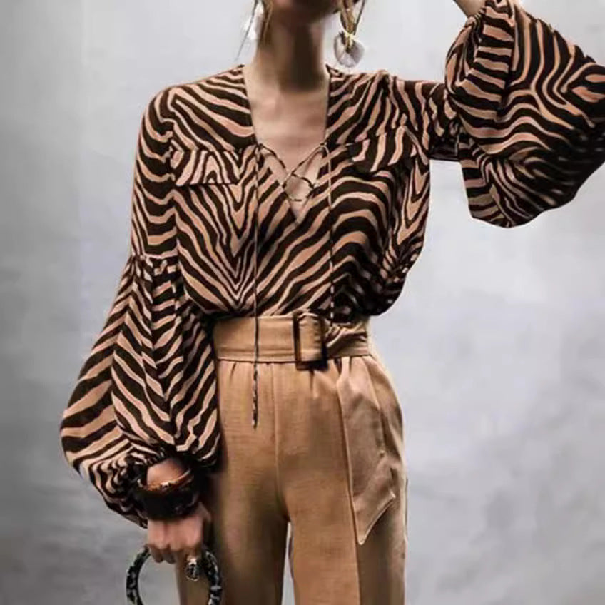 Women's Clothing Spring And Summer Zebra Prints V-neck Lace-up Long Sleeve Shirt