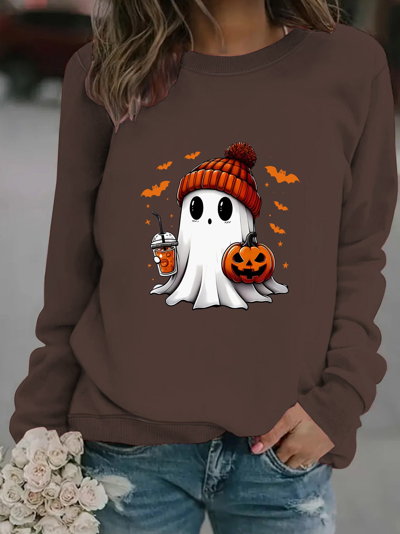 Crewneck Snowman Ghost Print Pullover Sweater