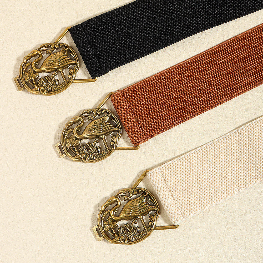 Simple Retro Elastic Belt Metal Hollow Buckle Red-crowned Crane Elastic Waist Elegant Female Fashion Accessories