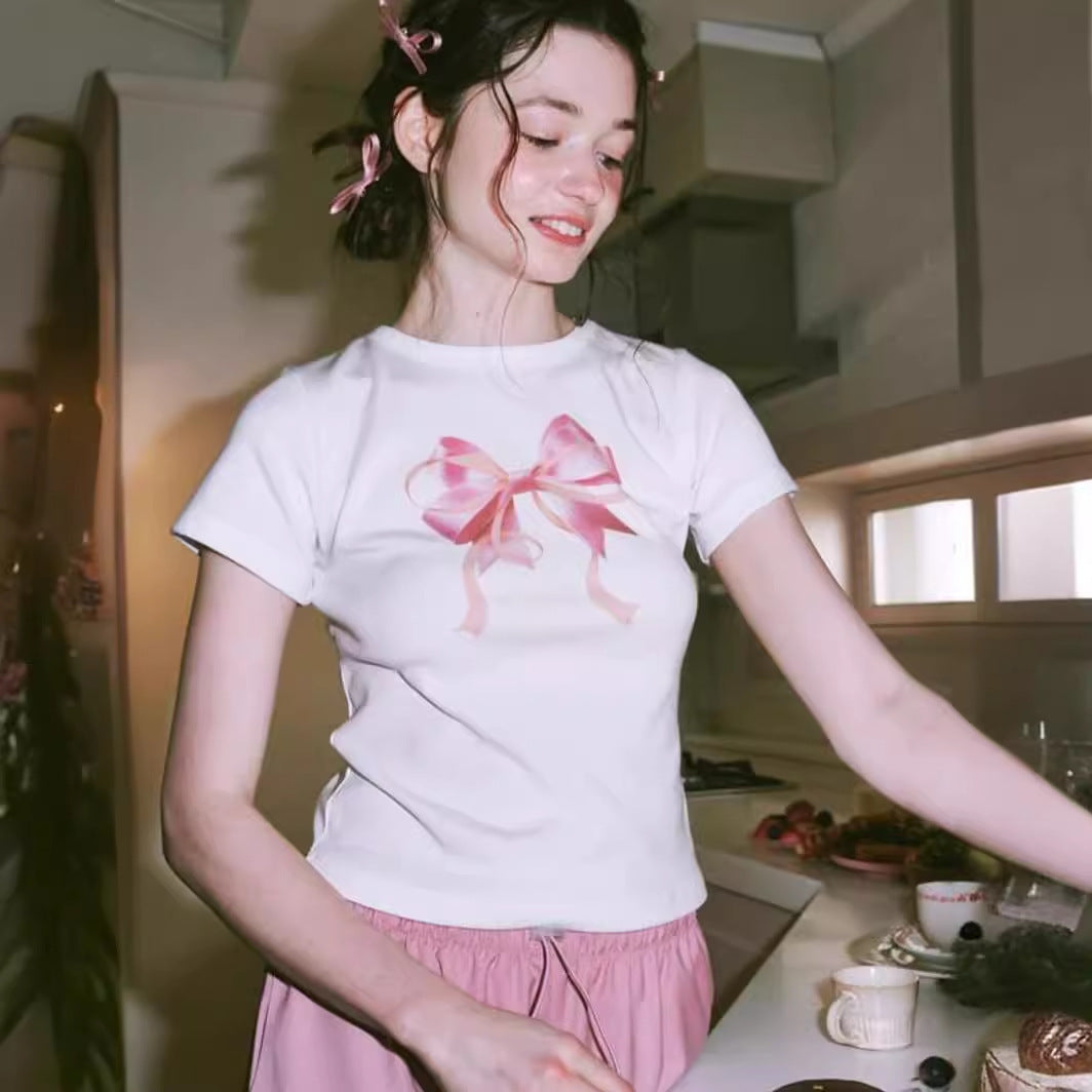 Special-interest Design 23 Summer Hot Girl Bow Round Neck Short Sleeve T-shirt Girl