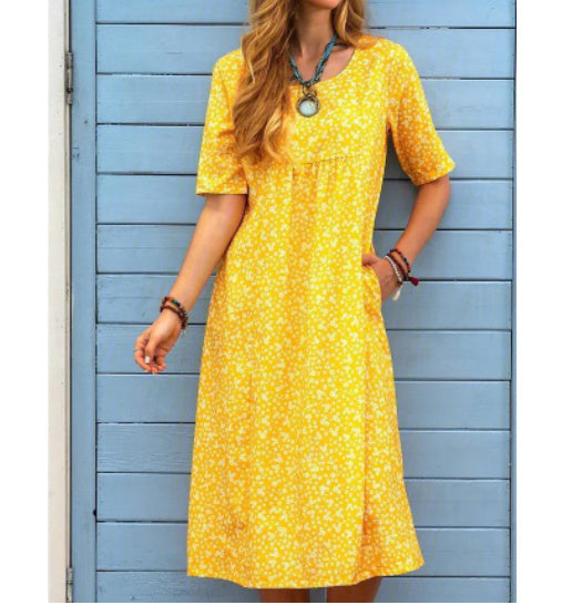 Round Neck Short Sleeve Floral Midi Dress