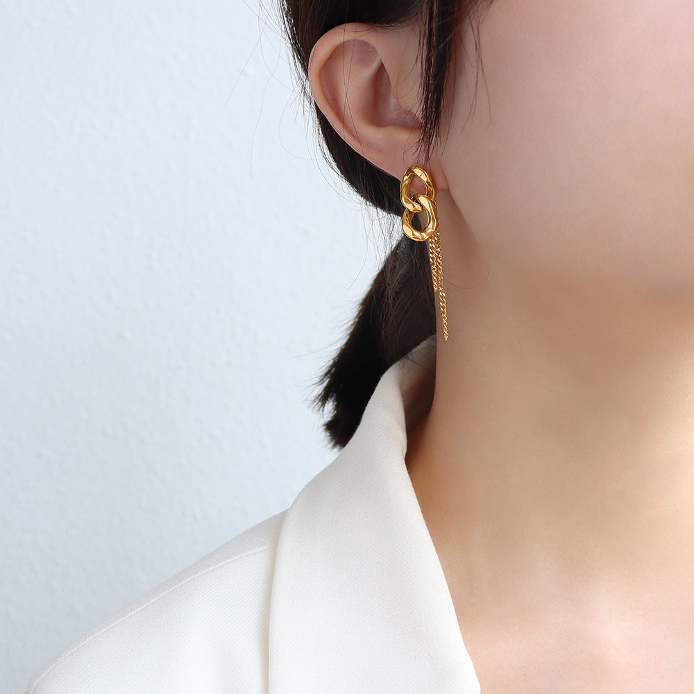 Ins Style Thick Chain Tassel Titanium Steel 18K Gold Earrings