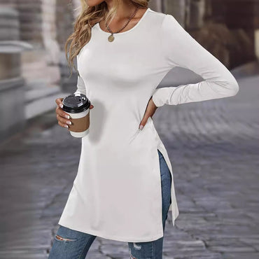 Women's Long Sleeve Slim Fit Slimming Slit Long T-shirt