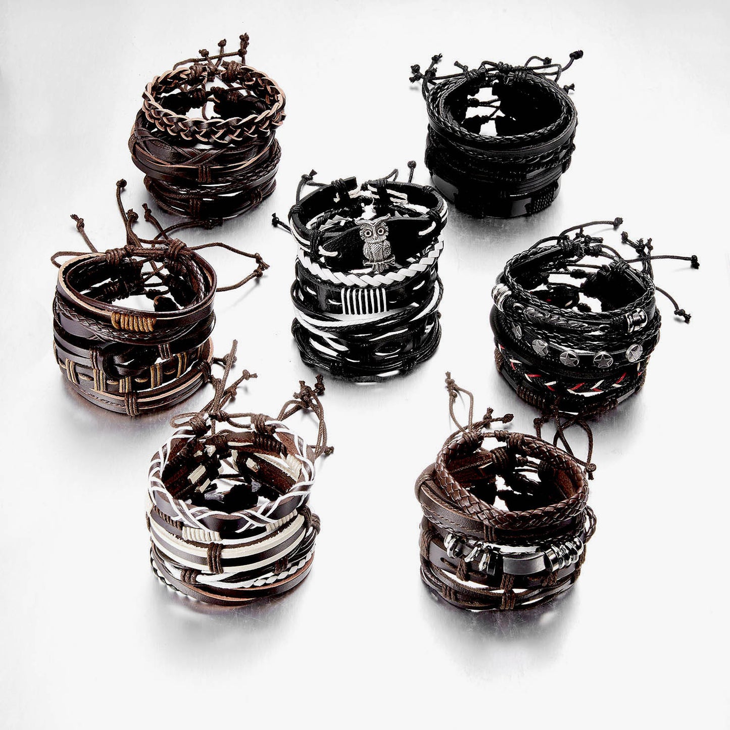 New Men's Leather Suit Creative Leaves Wooden Bead Woven Adjustable Suit Bracelet - Chic Angle