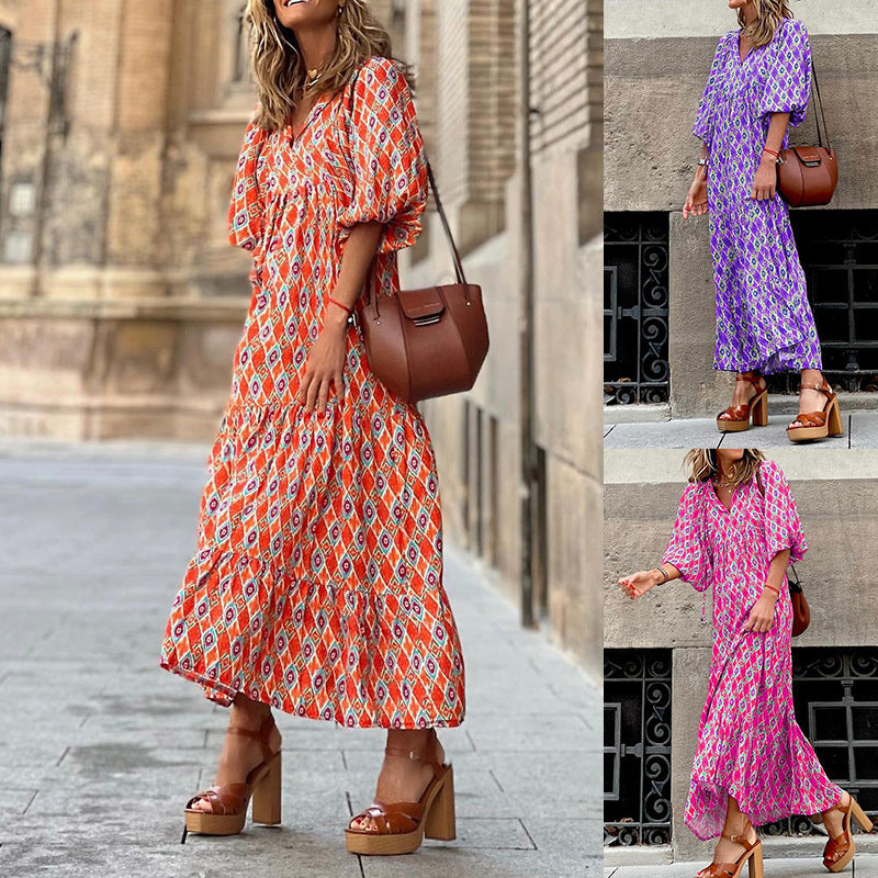 Short-sleeve Mid-length Boho Print Dress