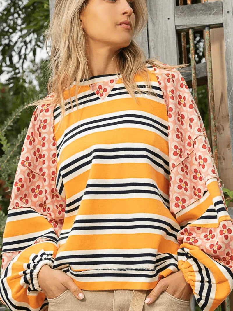 Women's Color Matching Printed Top Loose Long Sleeve