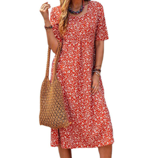 Round Neck Short Sleeve Floral Midi Dress
