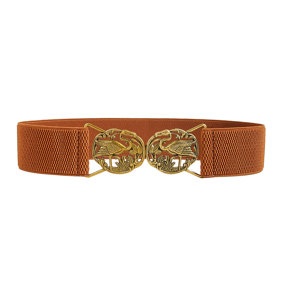 Simple Retro Elastic Belt Metal Hollow Buckle Red-crowned Crane Elastic Waist Elegant Female Fashion Accessories