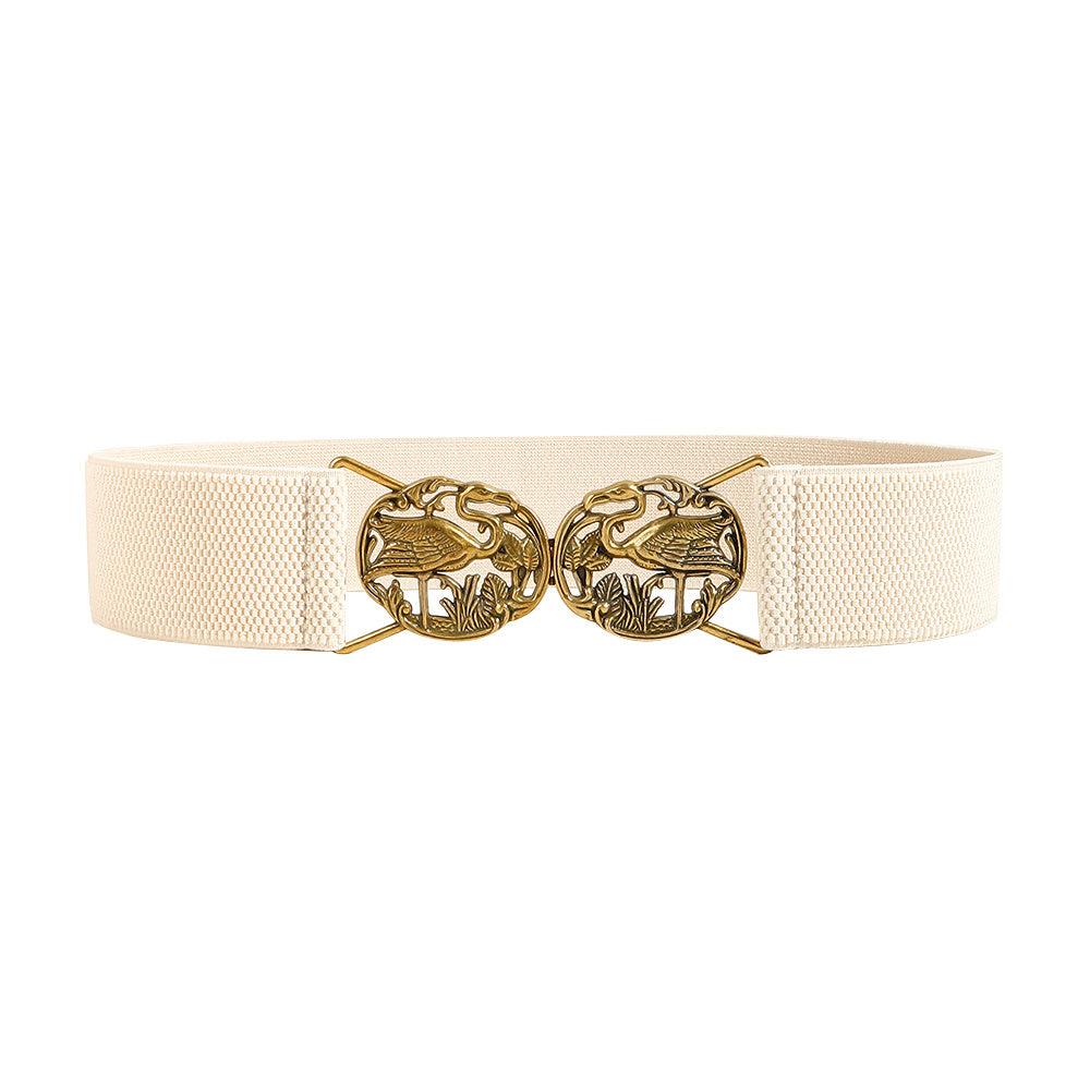 Simple Retro Elastic Belt Metal Hollow Buckle Red-crowned Crane Elastic Waist Elegant Female Fashion Accessories