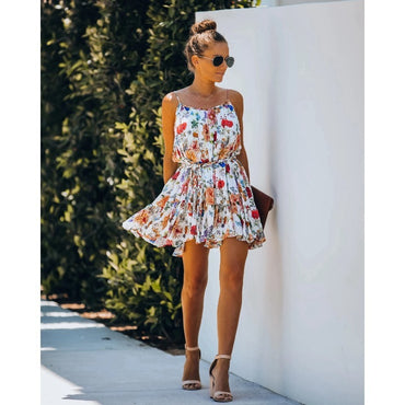 Summer Vacation Botanical Floral Print Belted Polyester Dress