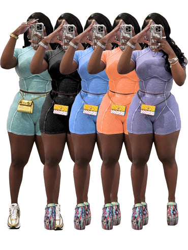 Thread Washed Faded Distressed Two-piece Shorts Suit - Chic Angle