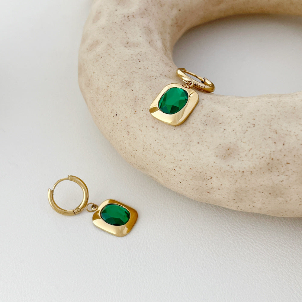 Special Interest Light Luxury Square Plate Green Crystal Eardrops