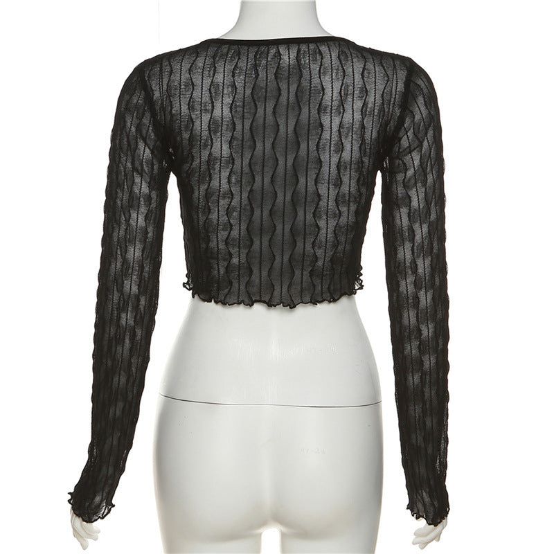 Women's Pure Color Mesh Cardigan Long Sleeve Short T-shirt - Chic Angle