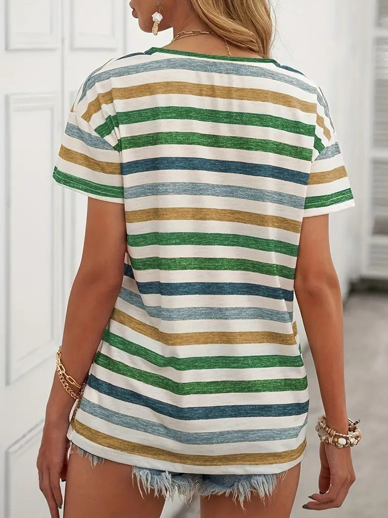 Women's Striped Fashionable Round Neck Short Sleeved T-shirt - Chic Angle