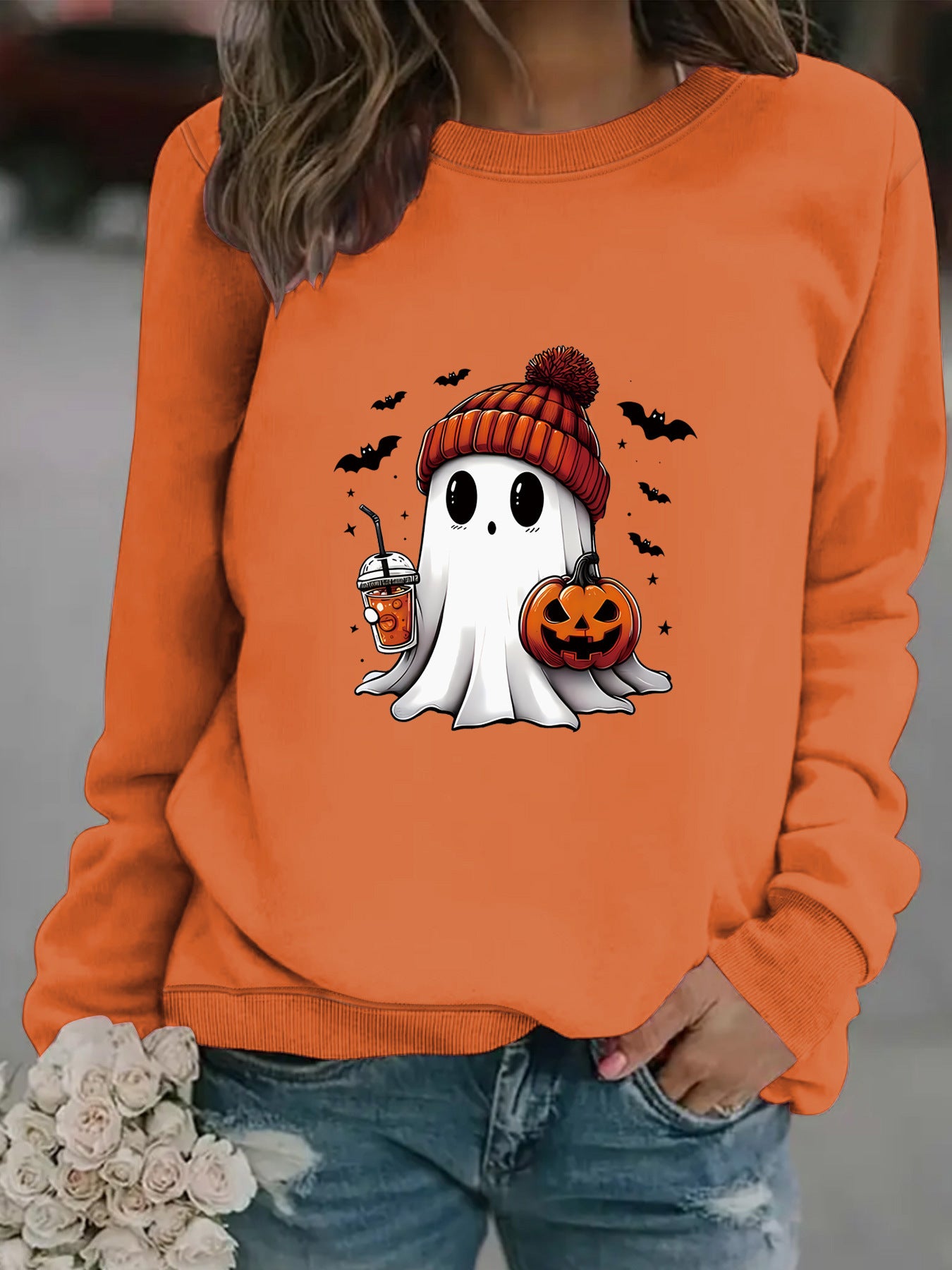 Crewneck Snowman Ghost Print Pullover Sweater