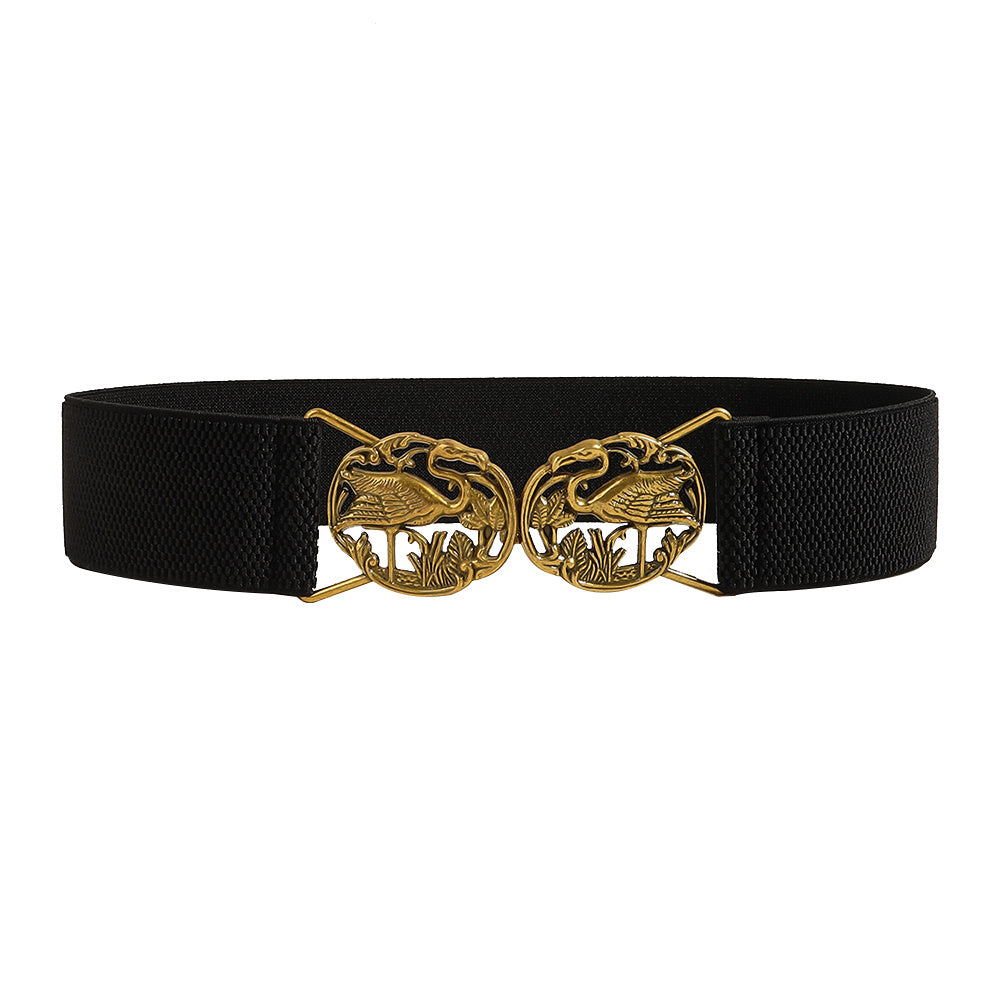 Simple Retro Elastic Belt Metal Hollow Buckle Red-crowned Crane Elastic Waist Elegant Female Fashion Accessories