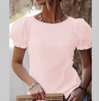 Casual Lace Stitching Tied Gift Knot Puff Sleeve Top