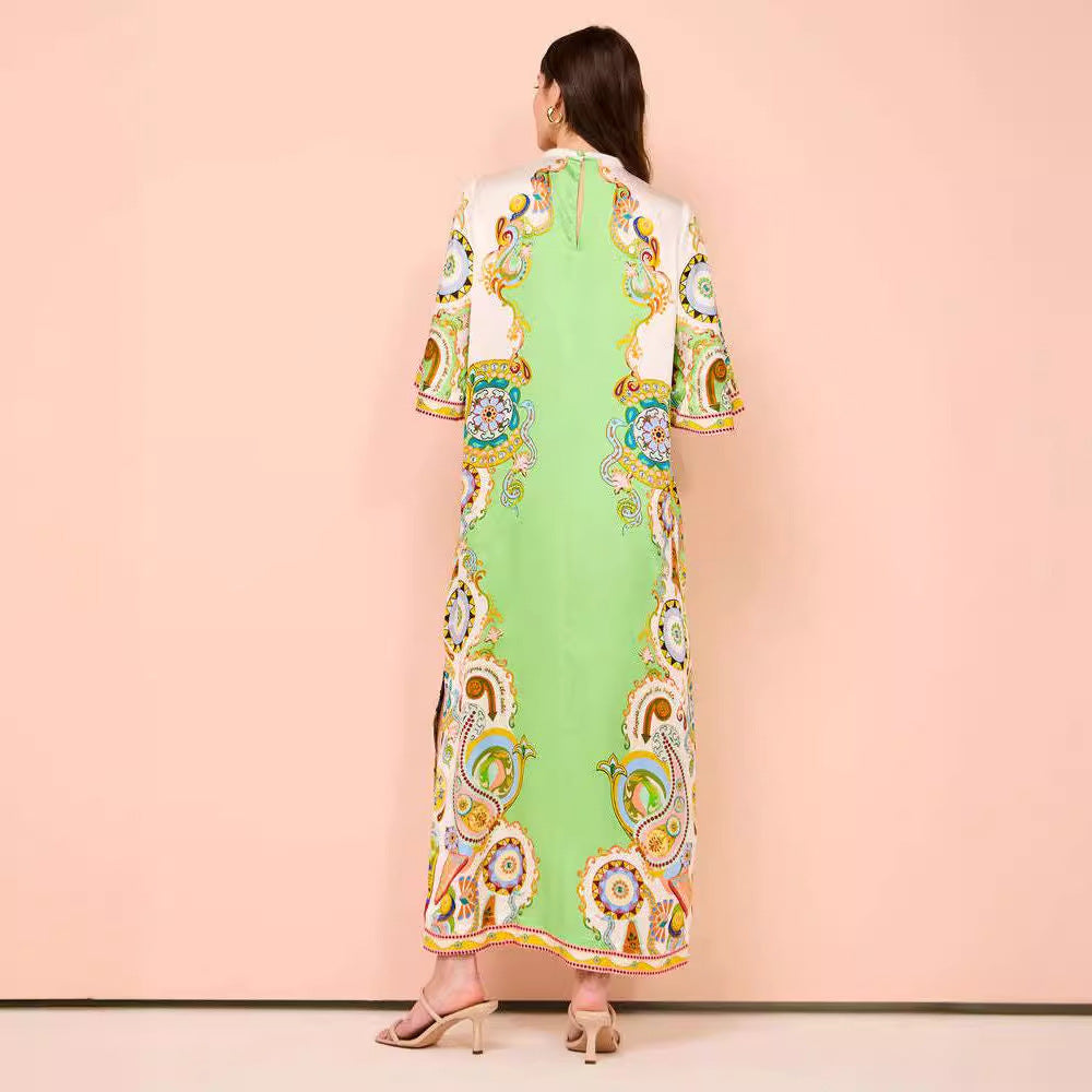 Women's Summer Printing Positioning Satin Split Maxi Dress