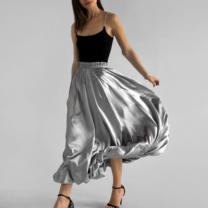 Fashion Silver Bud Skirt European And American Design High Waist A- Line Skirt