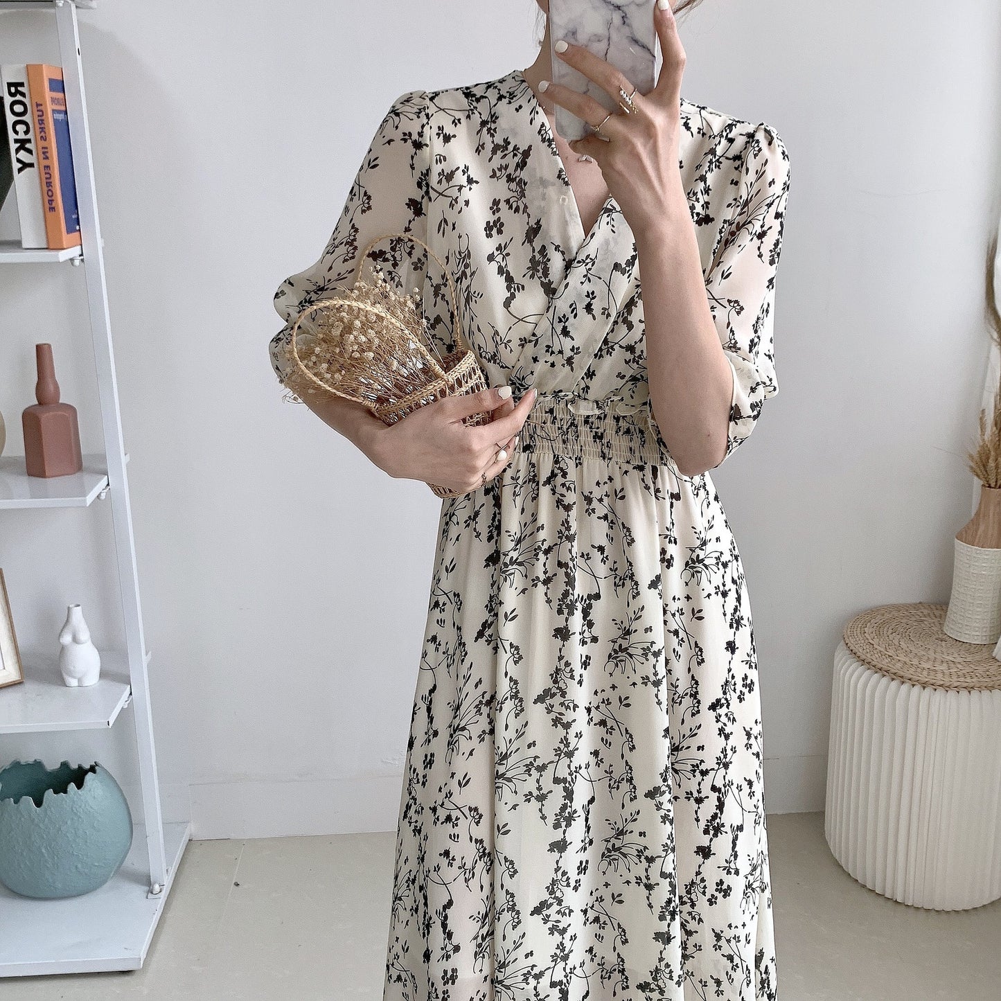 French Retro Mid-length Chiffon Floral Dress