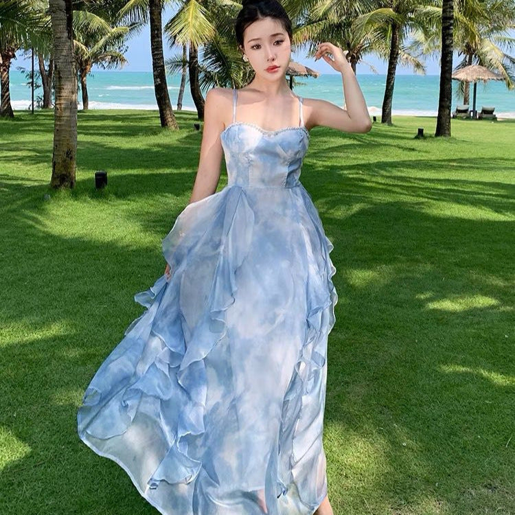 French Blue Strapless Sling Dress Seaside Vacation Draping Effect