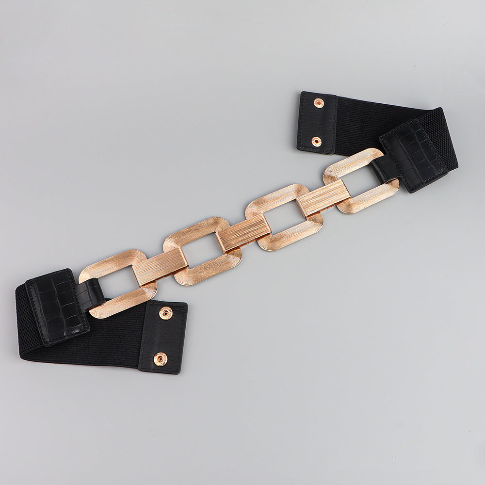 The New Women's Gold Black Wide Belt Decoration Fashion Elastic Metal Waist Cover With Skirt Coat Waist Closed With Fashion Belt